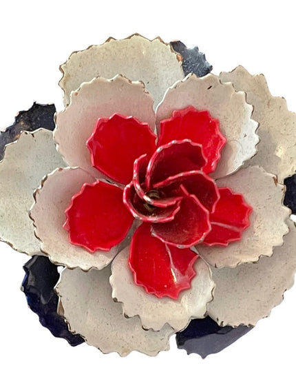 Vintage large red white blue metal flower brooch 1960s