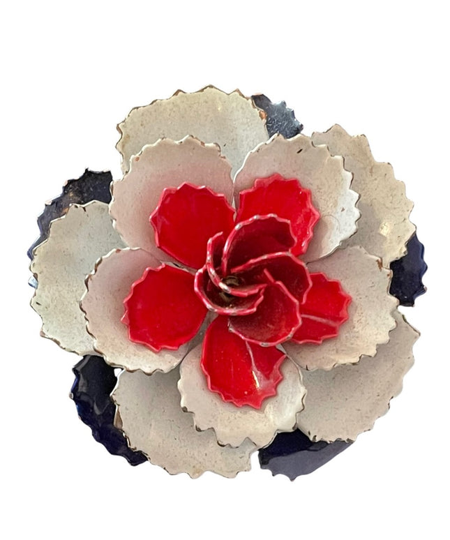 Vintage large red white blue metal flower brooch 1960s