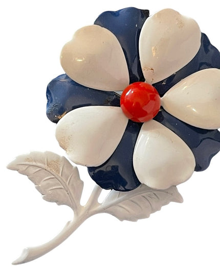 Vintage metal red white blue metal flower brooch large 4”
