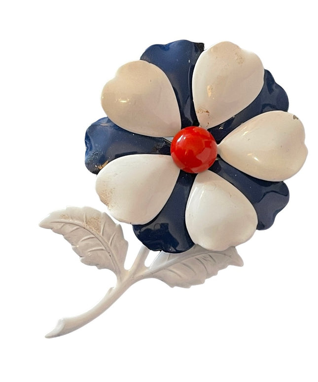 Vintage metal red white blue metal flower brooch large 4”