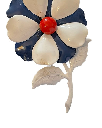 Vintage metal red white blue metal flower brooch large 4”