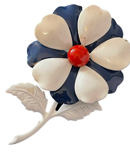 Vintage metal red white blue metal flower brooch large 4”