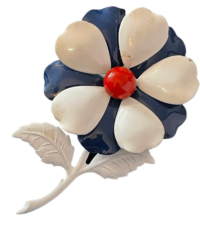 Vintage metal red white blue metal flower brooch large 4”