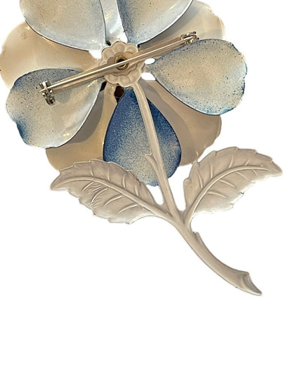 Vintage metal red white blue metal flower brooch large 4”