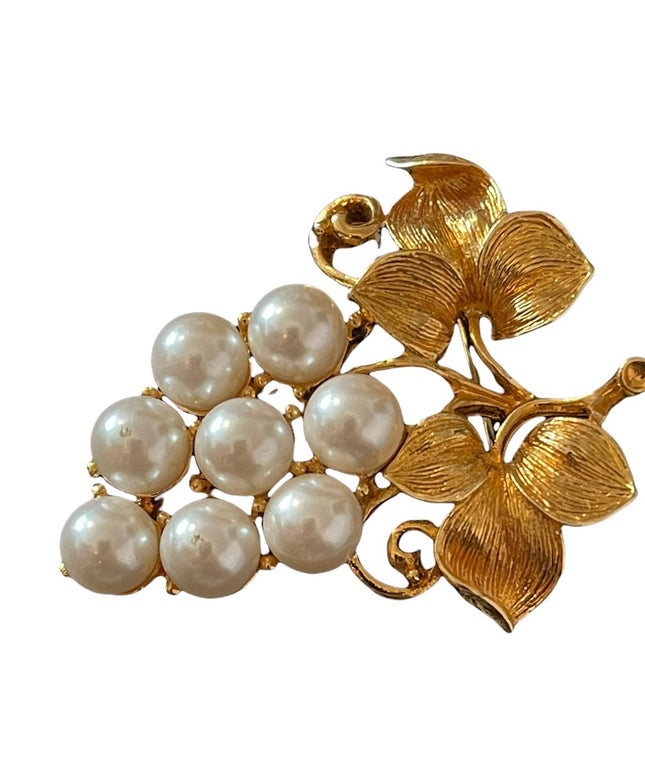 Vintage gold finish faux pearl fancy vine grape brooch