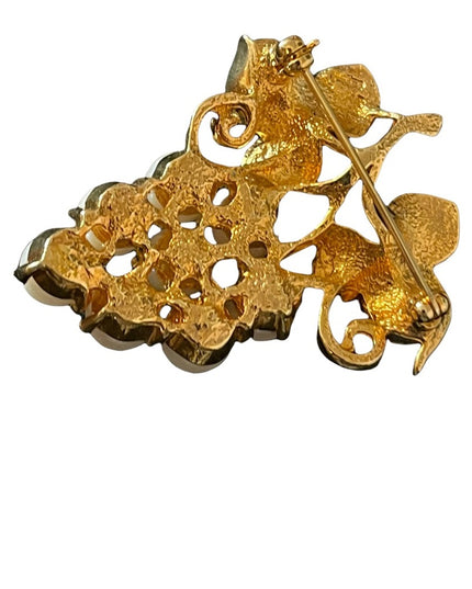 Vintage gold finish faux pearl fancy vine grape brooch