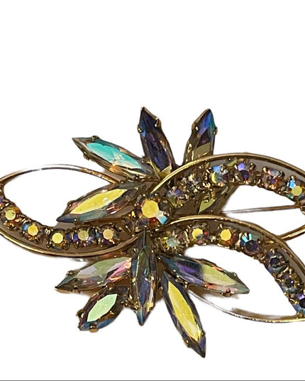 Vintage gold finish AB cryatal pinkish hues flower brooch