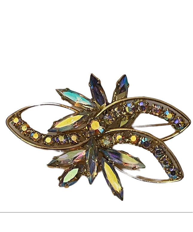 Vintage gold finish AB cryatal pinkish hues flower brooch