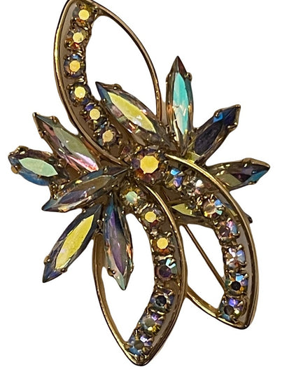 Vintage gold finish AB cryatal pinkish hues flower brooch