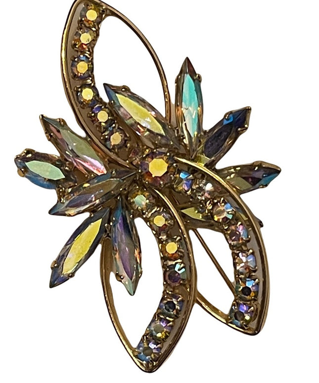 Vintage gold finish AB cryatal pinkish hues flower brooch