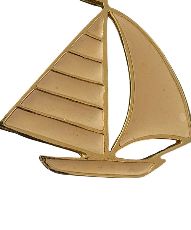 Vintage CORO cream color enamel gold finish Sailboat brooch nautical