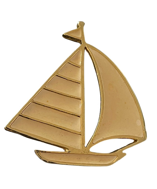 Vintage CORO cream color enamel gold finish Sailboat brooch nautical