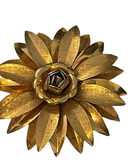 Vintage gold finish fancy metal flower brooch