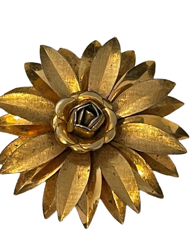 Vintage gold finish fancy metal flower brooch