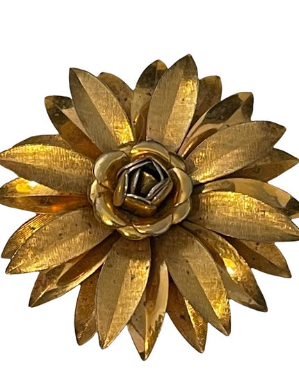 Vintage gold finish fancy metal flower brooch