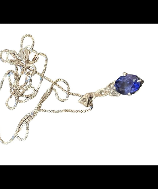 Sterling silver box chain with blue stone fancy dangle pendant
