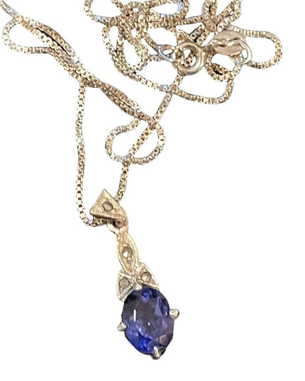 Sterling silver box chain with blue stone fancy dangle pendant