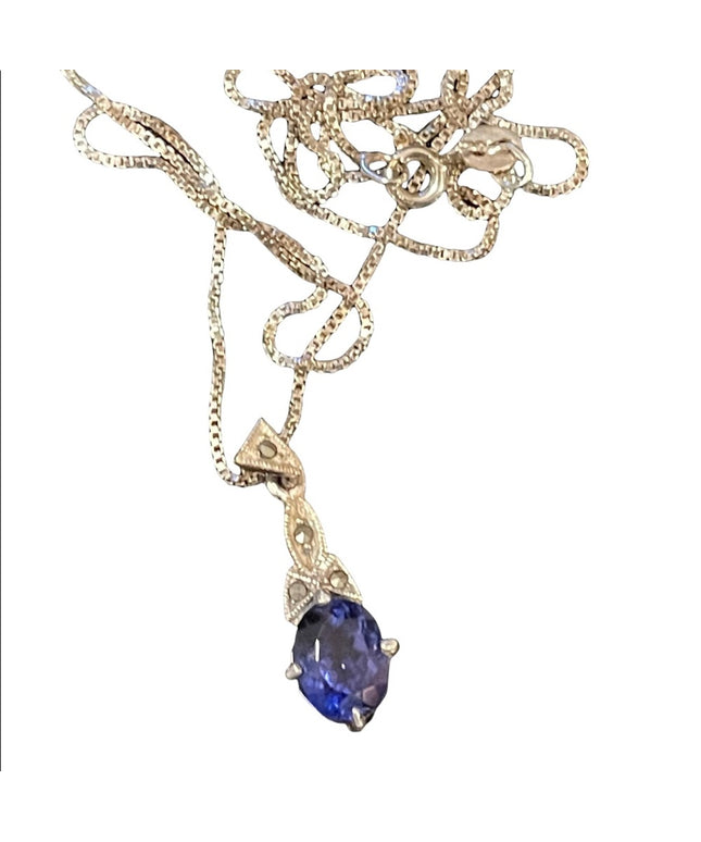 Sterling silver box chain with blue stone fancy dangle pendant