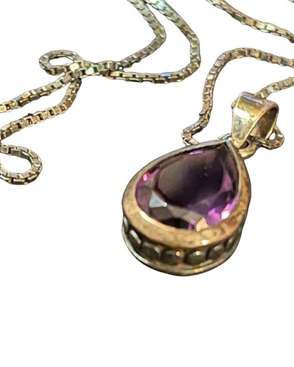 Sterling Silver amethyst oval tear drop pendant with sterling chain necklace