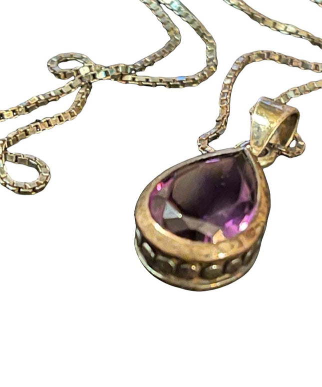 Sterling Silver amethyst oval tear drop pendant with sterling chain necklace