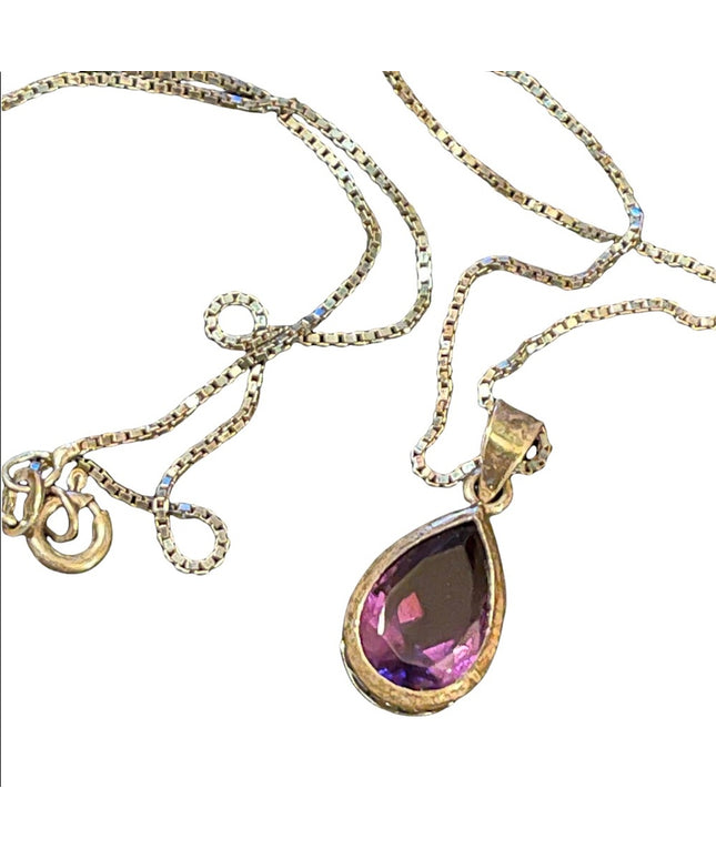 Sterling Silver amethyst oval tear drop pendant with sterling chain necklace