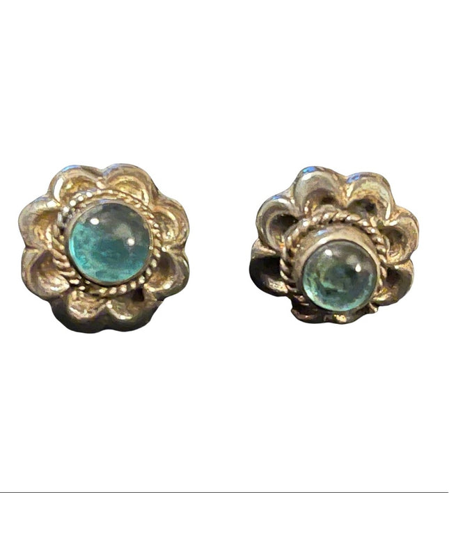 Vintage sterling silver blue glass fancy pierced earrings