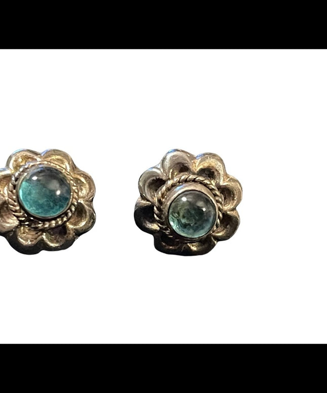 Vintage sterling silver blue glass fancy pierced earrings