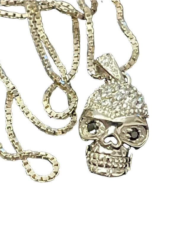 Sterling silver crystal skull pendant with sterling box chain necklace