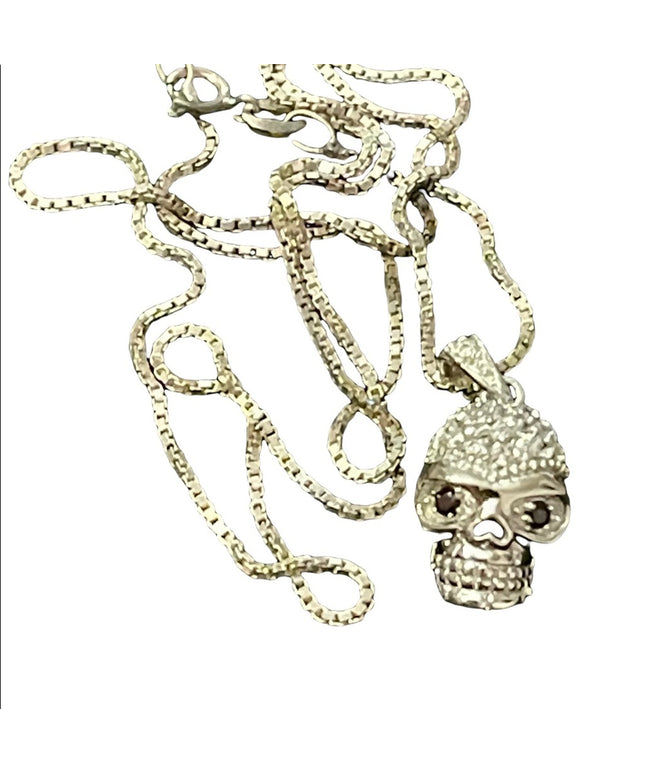 Sterling silver crystal skull pendant with sterling box chain necklace