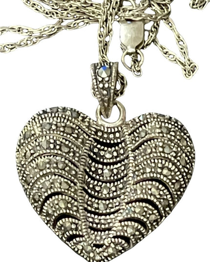 Sterling silver large marcasite heart pendant with long sterling rope chain