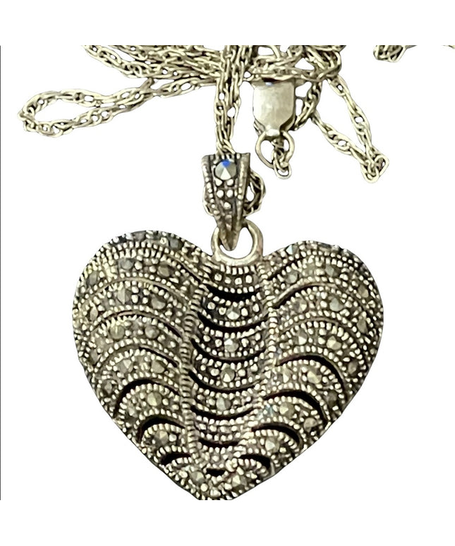 Sterling silver large marcasite heart pendant with long sterling rope chain