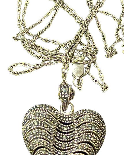 Sterling silver large marcasite heart pendant with long sterling rope chain