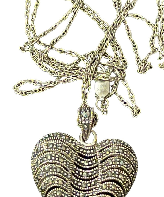 Sterling silver large marcasite heart pendant with long sterling rope chain