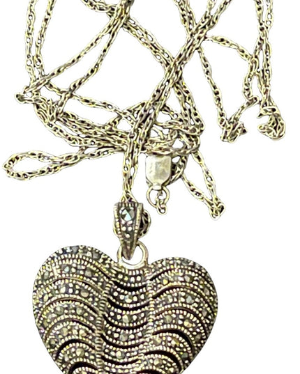 Sterling silver large marcasite heart pendant with long sterling rope chain