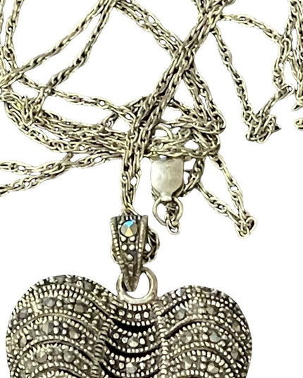 Sterling silver large marcasite heart pendant with long sterling rope chain