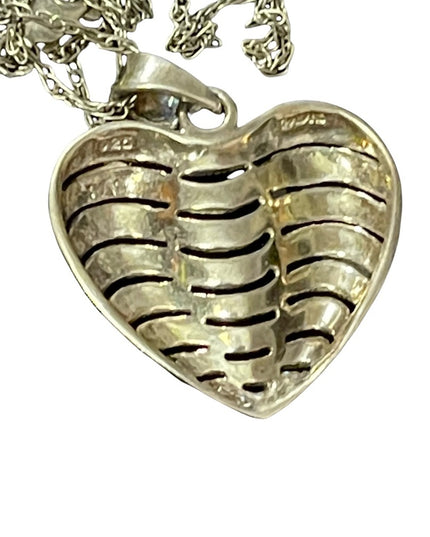 Sterling silver large marcasite heart pendant with long sterling rope chain