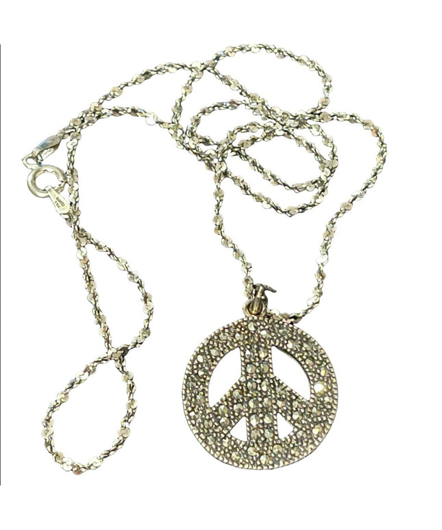 Vintage sterling silver marcasite peace sign pendant & sterling chain necklace