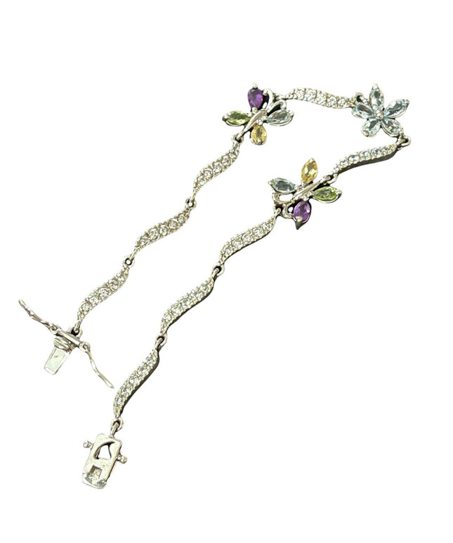 Vintage sterling silver multi gemstone butterfly tennis bracelet