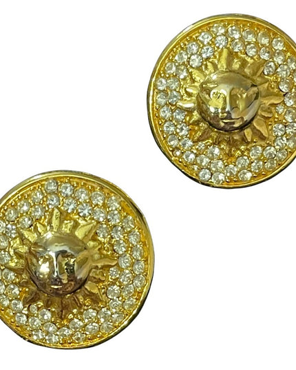 Vintage 1980s chunky gold & rhinestone pierced earrings with SUN