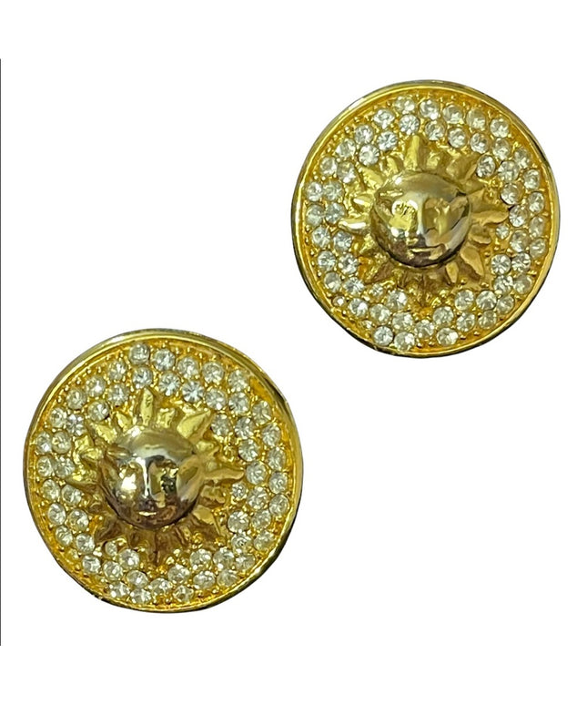 Vintage 1980s chunky gold & rhinestone pierced earrings with SUN
