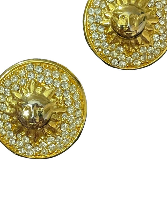 Vintage 1980s chunky gold & rhinestone pierced earrings with SUN
