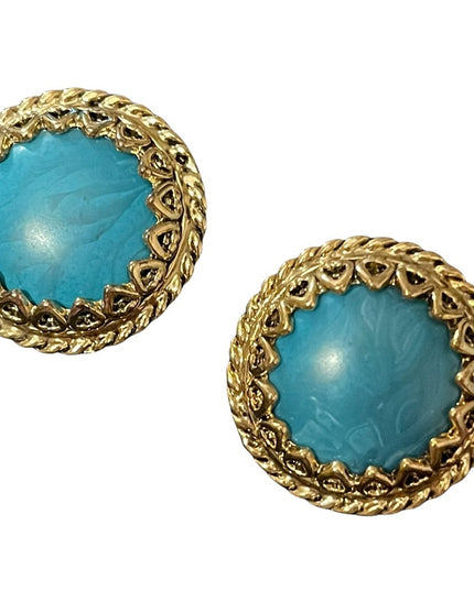 Vintage 1980s Faux turquois gold ornate chunky clip on earrings