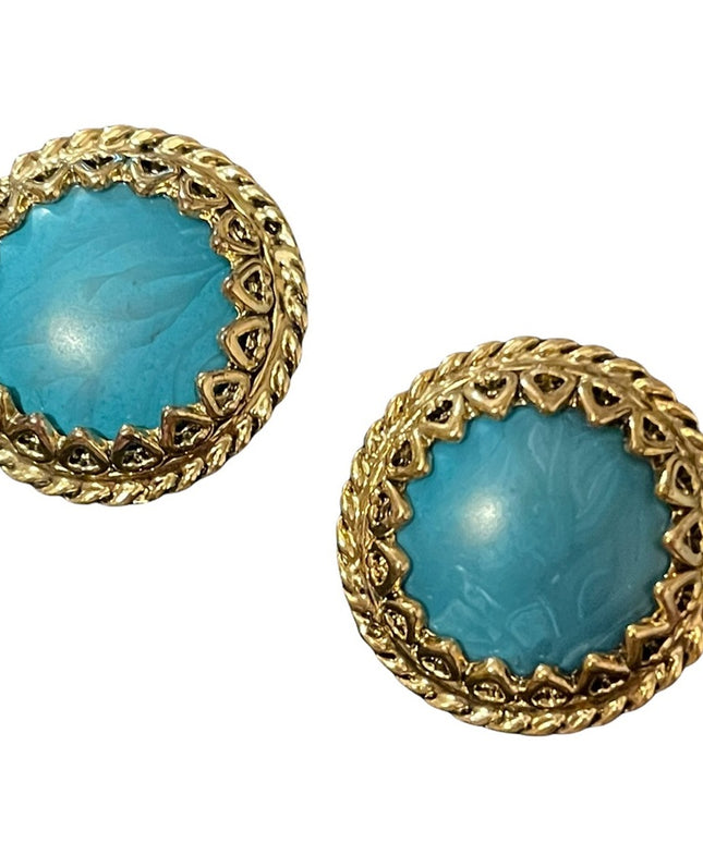 Vintage 1980s Faux turquois gold ornate chunky clip on earrings