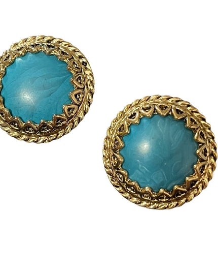 Vintage 1980s Faux turquois gold ornate chunky clip on earrings