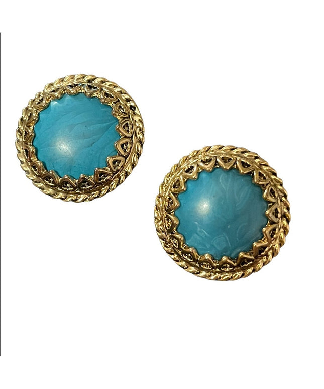Vintage 1980s Faux turquois gold ornate chunky clip on earrings