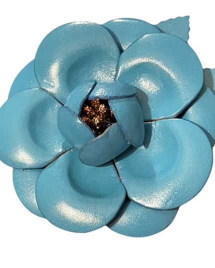 Blue leather flower large 3” brooch