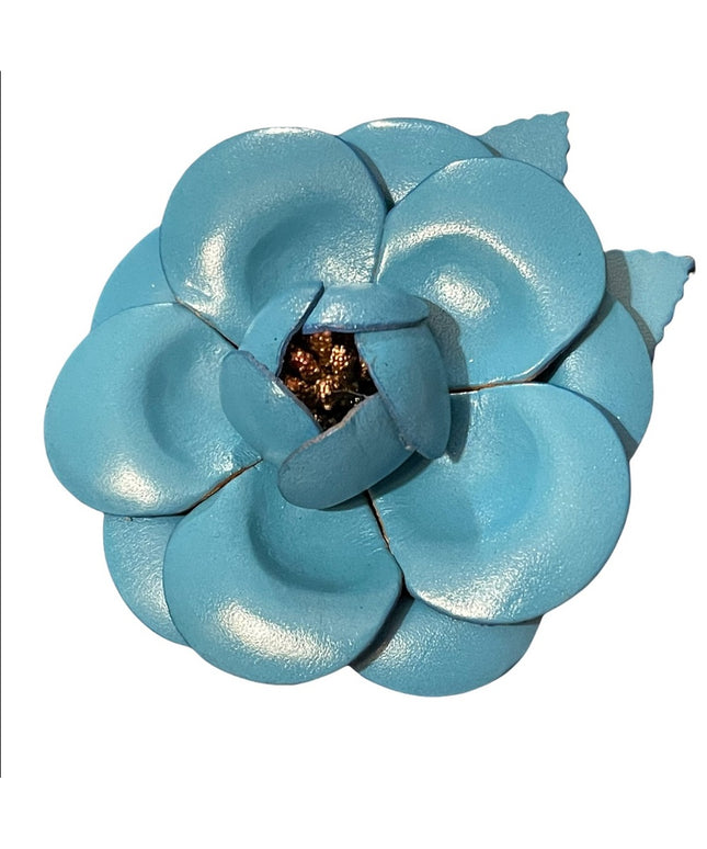Blue leather flower large 3” brooch