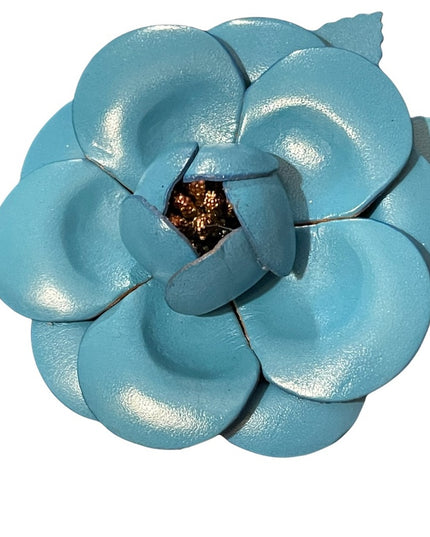 Blue leather flower large 3” brooch