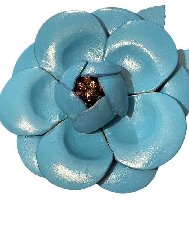 Blue leather flower large 3” brooch