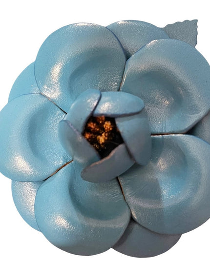 Blue leather flower large 3” brooch